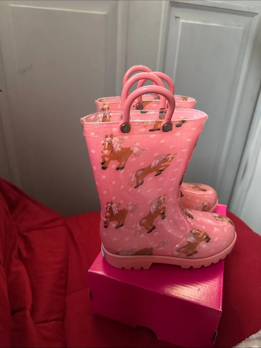 Girls' Pink Glitter Animal Print Rain Boots with Easy Pull Handles